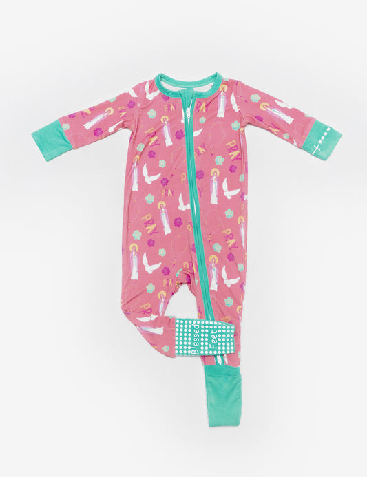 Pray Rosary Catholic baby girl footie pajamas