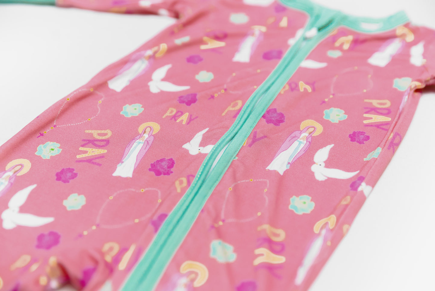 Pray Rosary Catholic baby girl footie pajamas