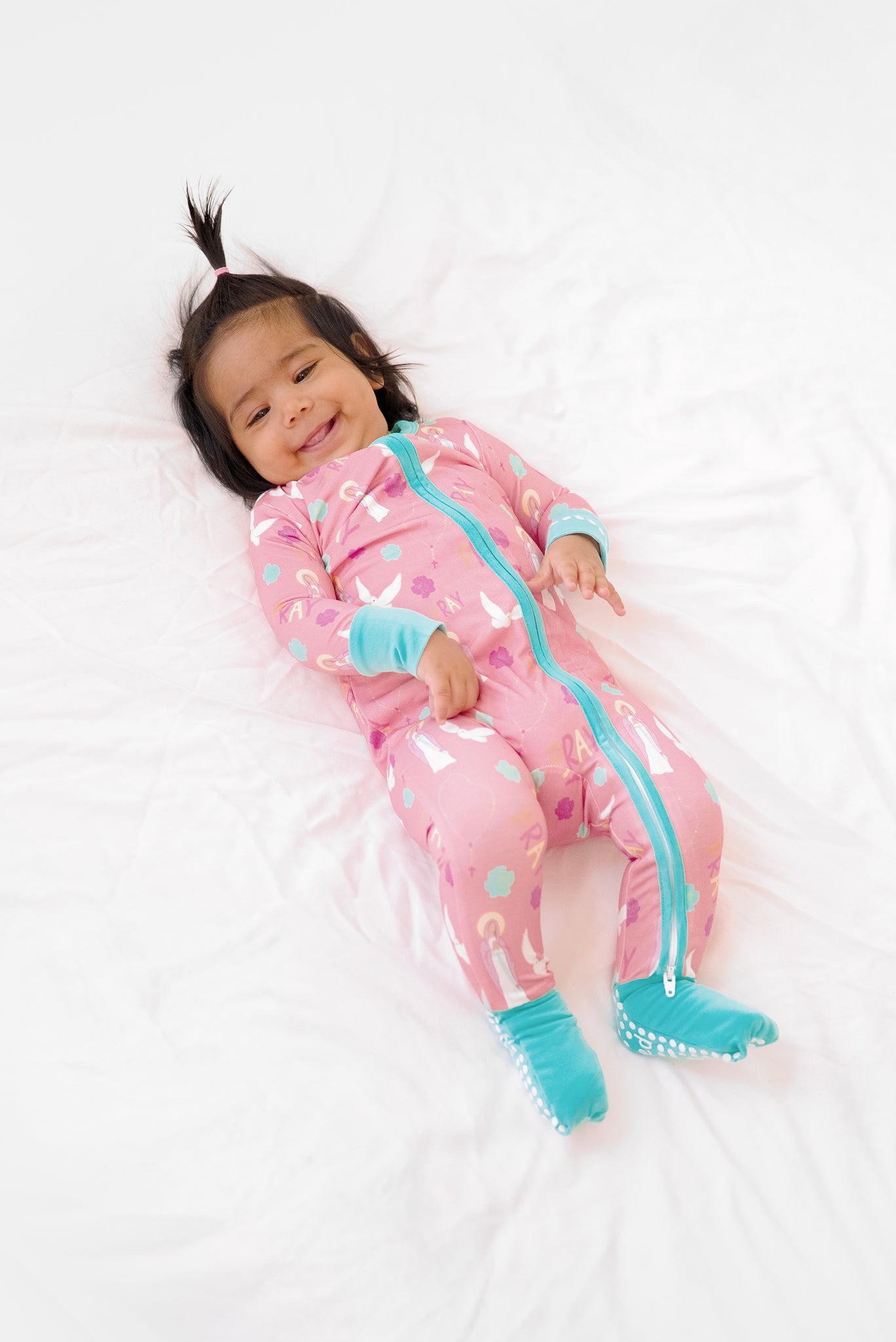 Baby girl wearing Pray Rosary Catholic baby girl footie pajamas