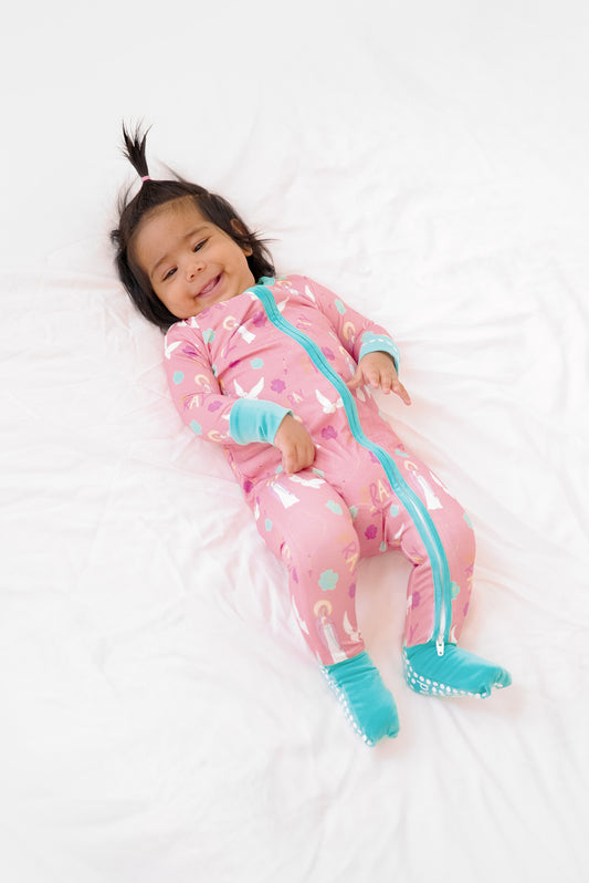 Baby girl wearing Pray Rosary Catholic baby girl footie pajamas