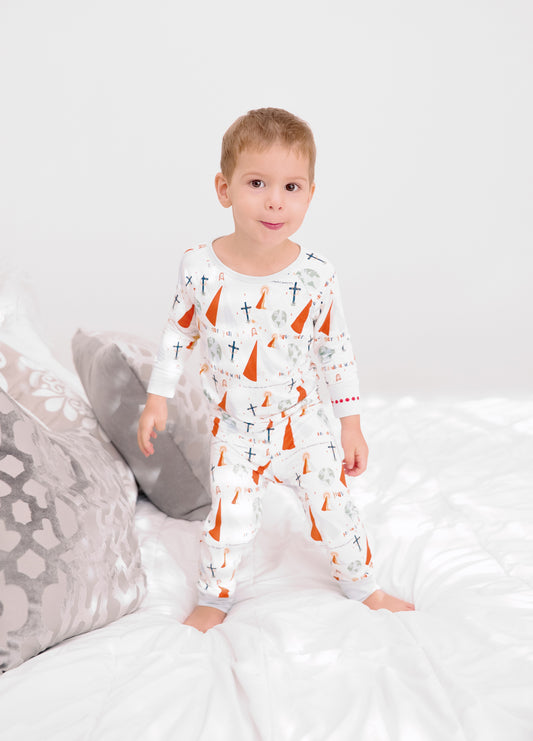 Boy wearing Divine Mercy two-piece pajamas