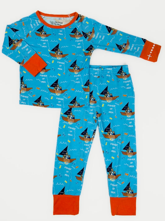 Boys blue 2-piece pajamas with disciples in boat with Jesus design and embroidered rosary wrist detail