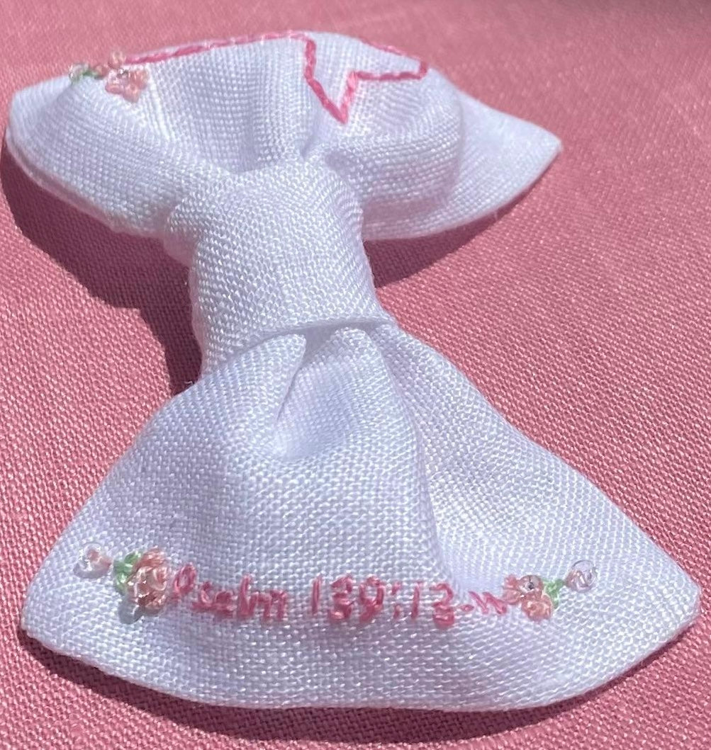 Cross Hand-Embroidered Hair Bow - White