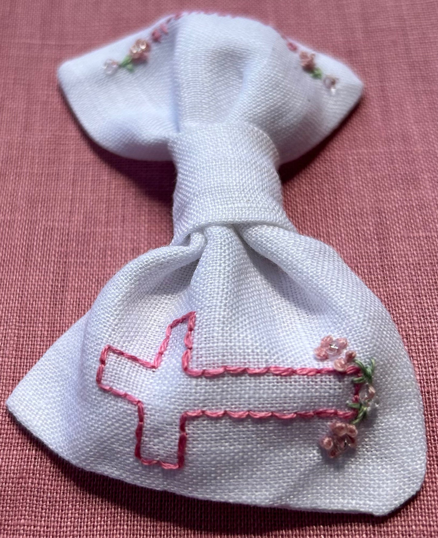 Cross Hand-Embroidered Hair Bow - White