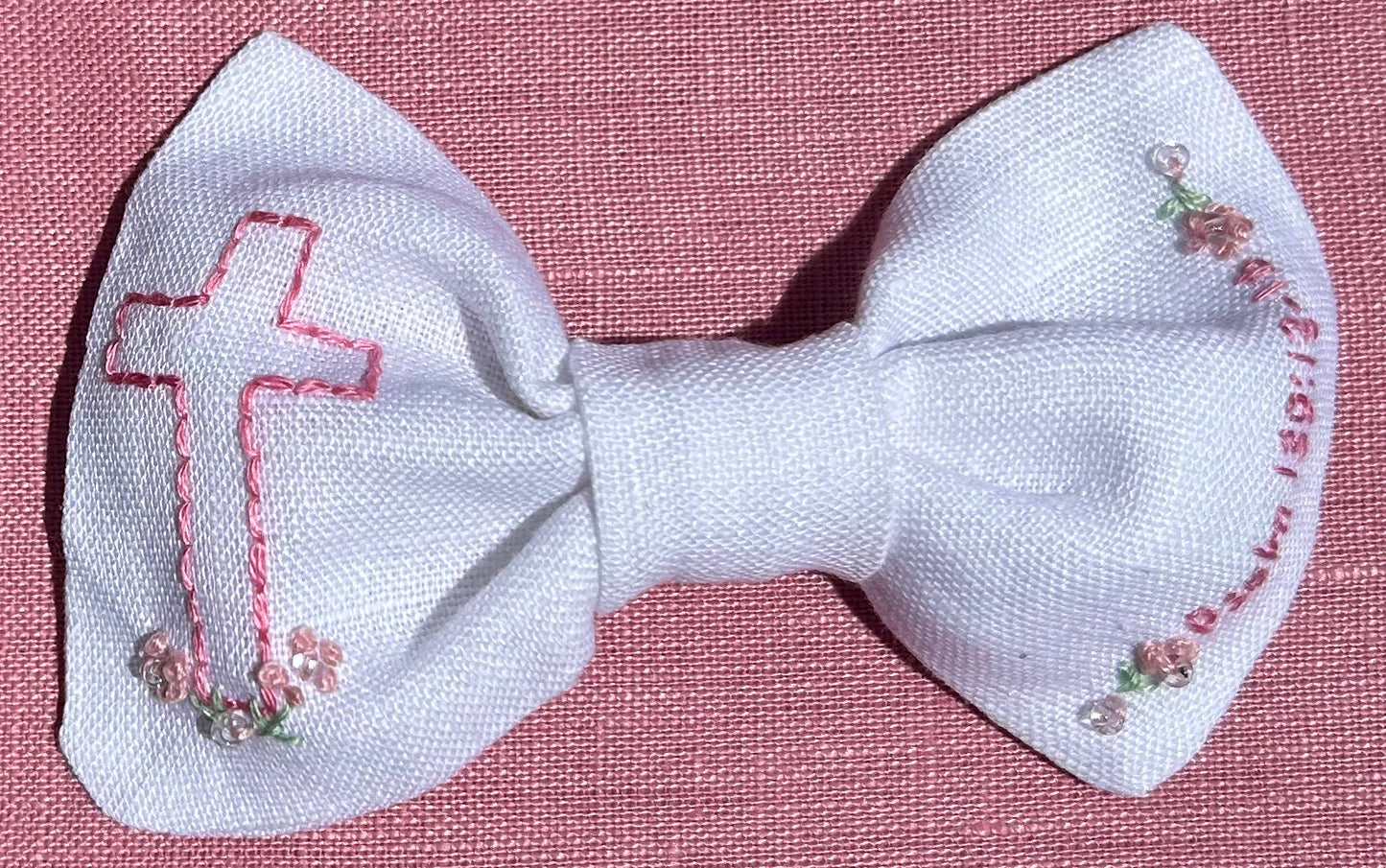 Cross Hand-Embroidered Hair Bow - White