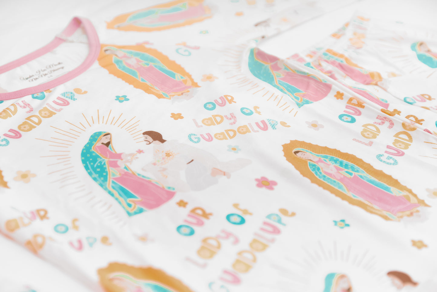 Close up of Our Lady of Guadalupe Catholic girls long sleeve pajamas