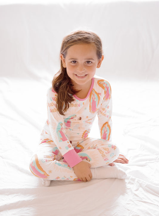 Girl wearing Our Lady of Guadalupe pajamas
