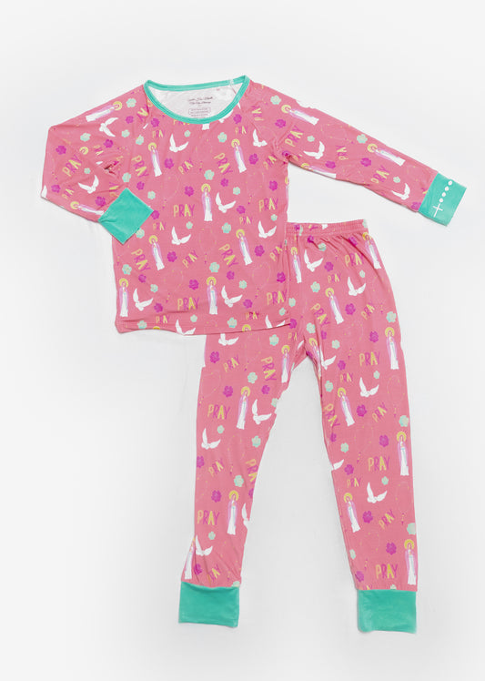 Girls Catholic Pray Pajamas with Holy Spirit, Rosary, and Mary