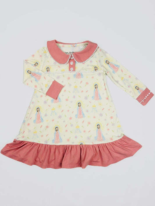 Girls nightgown with Mother Mary print and pink collar, and rosary embroidered wrist detail