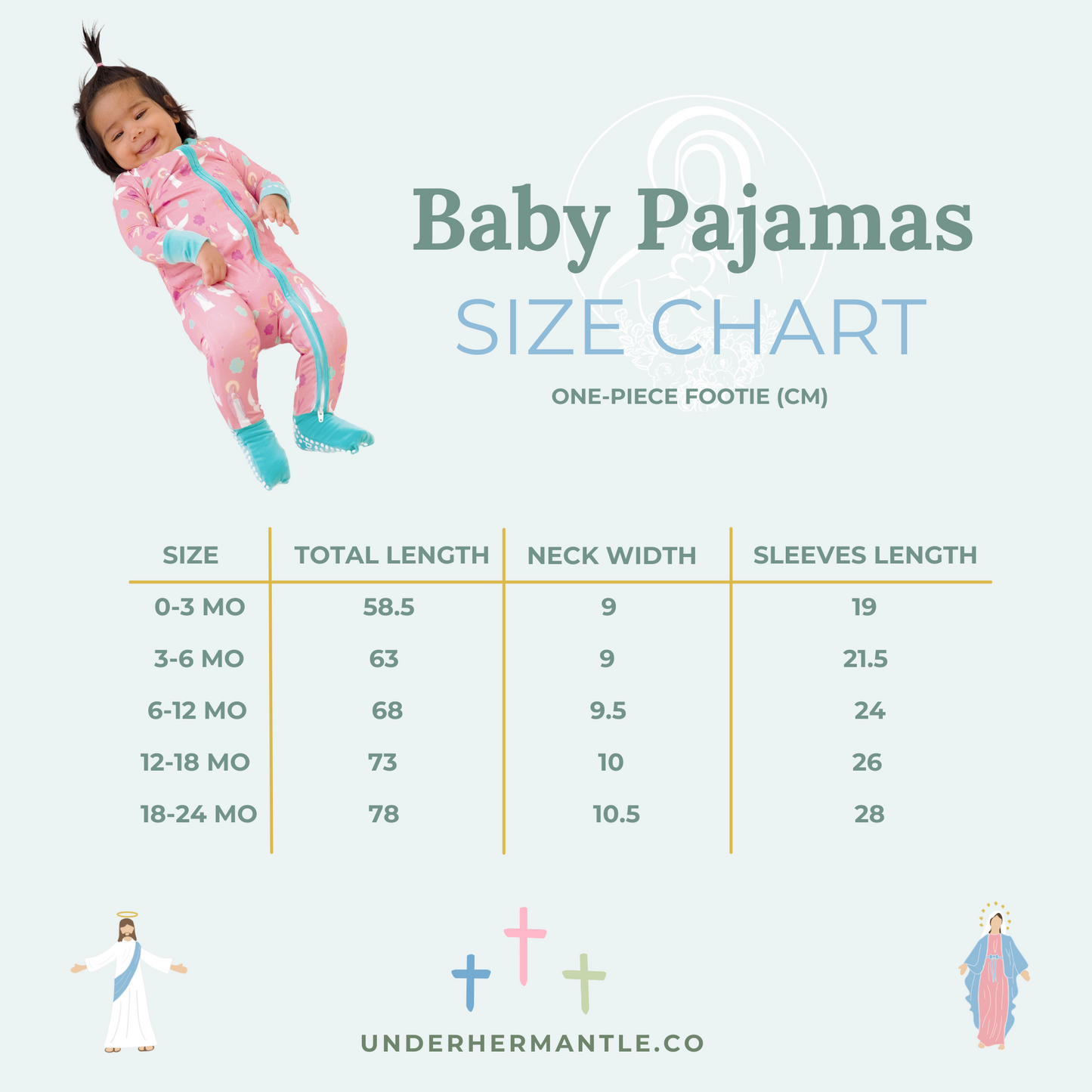Size chart for Under Her Mantle baby pajamas