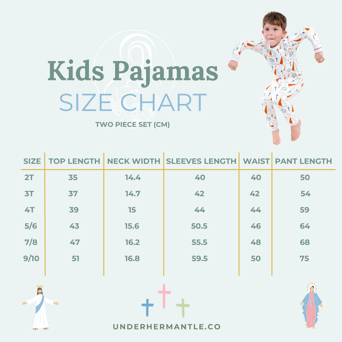 Size chart for Under Her Mantle kids pajamas