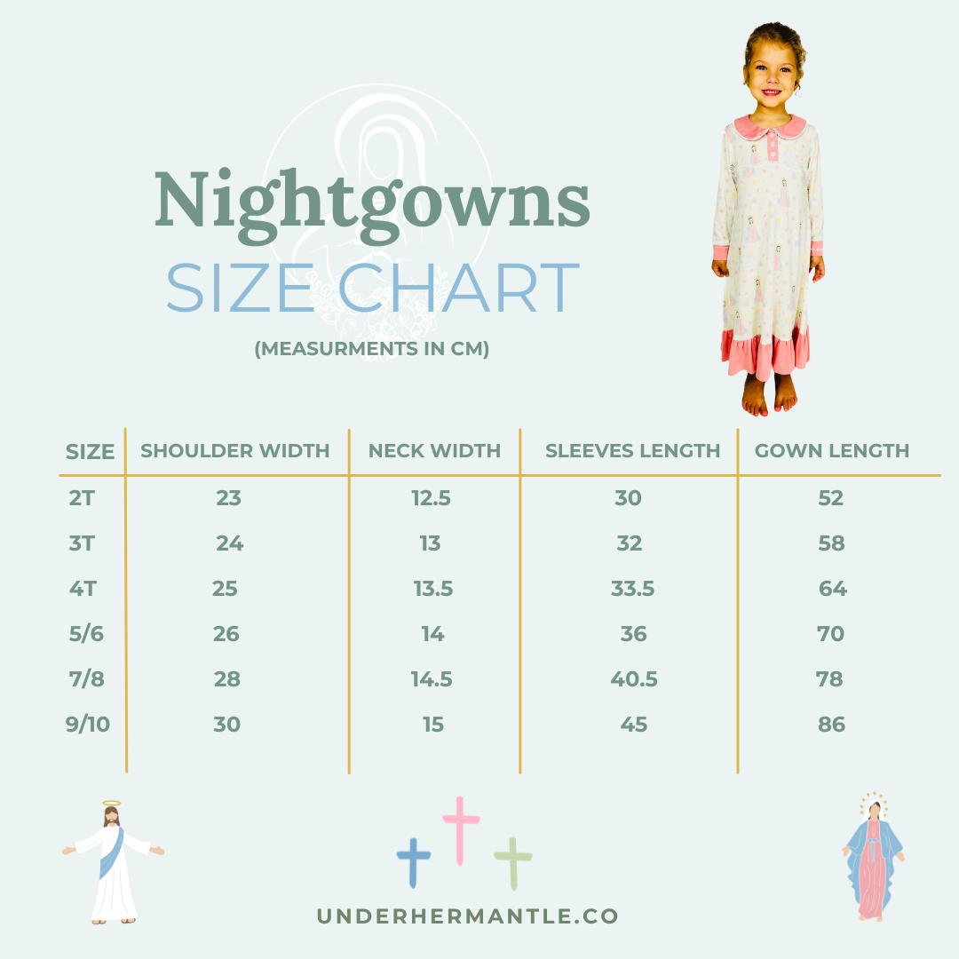 Nightgowns size chart with measurements in centimeters, featuring a child model and Under Her Mantle logo