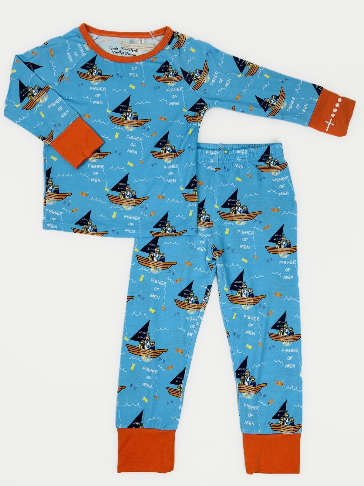 Boys blue 2-piece pajamas with disciples in boat with Jesus design and embroidered rosary wrist detail