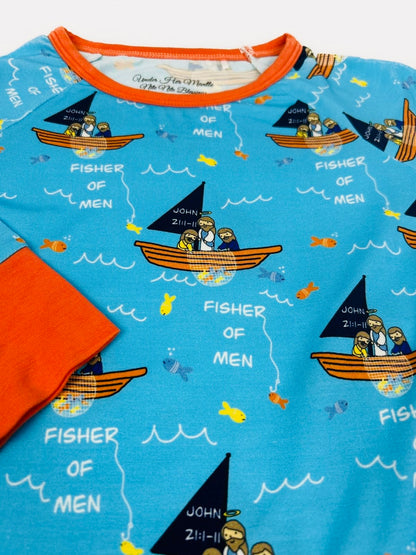 Children's pajama set with 'Fisher of Men' bible story design on a blue background
