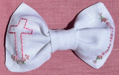 Cross Hand-Embroidered Hair Bow - White