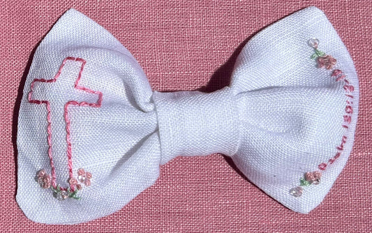 Cross Hand-Embroidered Hair Bow - White
