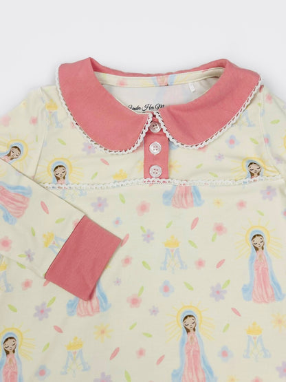 Girls nightgown with Mother Mary print and pink collar, and rosary embroidered wrist detail