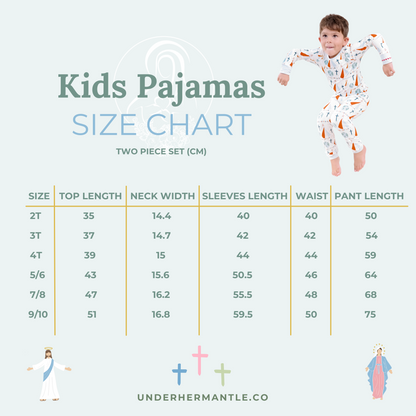 Size chart for Under Her Mantle kids pajamas